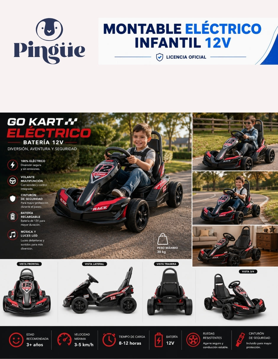 PINGÜE® Montable Eléctrico Tipo Go-Kart 12V con Control Remoto