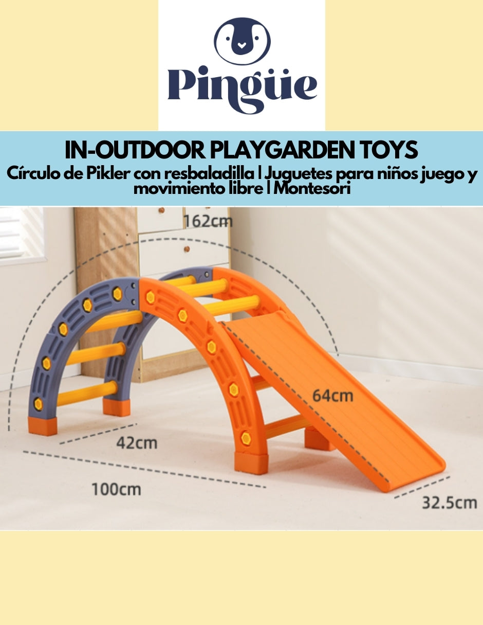 PINGÜE® In-Outdoors | Círculo de Pikler con resbaladilla | Juguetes para niños juego y movimiento libre | Montesori | Fabricado en HDPE | Uso interior y exterior | 152 x 44 x 55 cm
