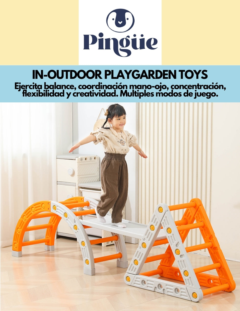 PINGÜE® In-Outdoors | Circuito de Pikler con triángulo y medio círculo | Juguetes para niños juego y movimiento libre | Montesori | Fabricado en HDPE | Uso interior y exterior | Tamaño 217x44x55 cm