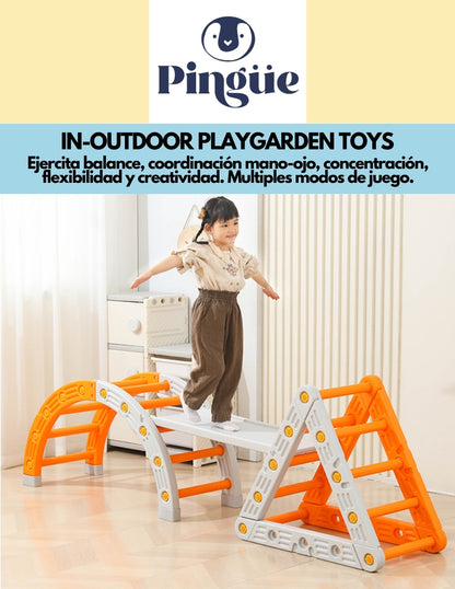 PINGÜE® In-Outdoors | Circuito de Pikler con triángulo y medio círculo | Juguetes para niños juego y movimiento libre | Montesori | Fabricado en HDPE | Uso interior y exterior | Tamaño 217x44x55 cm