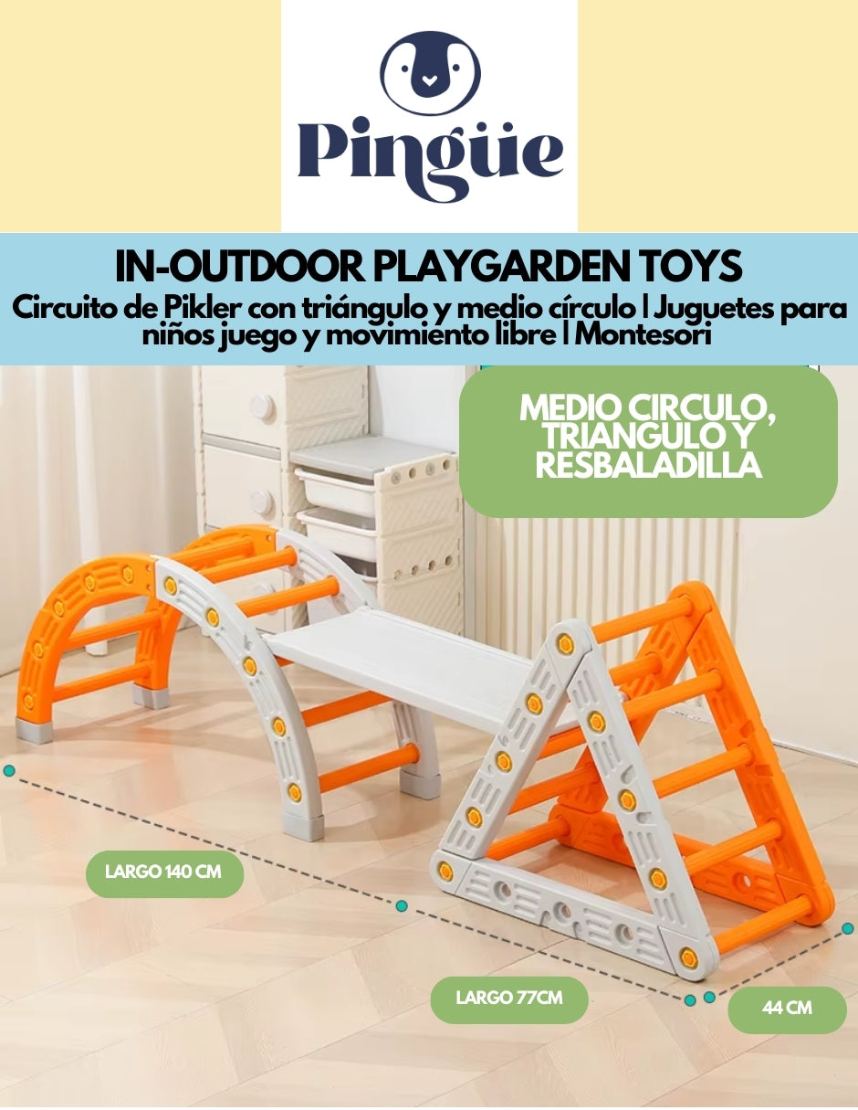 PINGÜE® In-Outdoors | Circuito de Pikler con triángulo y medio círculo | Juguetes para niños juego y movimiento libre | Montesori | Fabricado en HDPE | Uso interior y exterior | Tamaño 217x44x55 cm