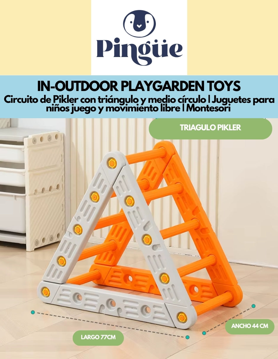 PINGÜE® In-Outdoors | Circuito de Pikler con triángulo y medio círculo | Juguetes para niños juego y movimiento libre | Montesori | Fabricado en HDPE | Uso interior y exterior | Tamaño 217x44x55 cm