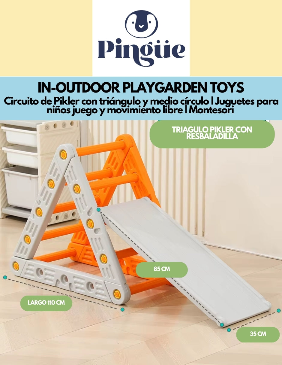 PINGÜE® In-Outdoors | Circuito de Pikler con triángulo y medio círculo | Juguetes para niños juego y movimiento libre | Montesori | Fabricado en HDPE | Uso interior y exterior | Tamaño 217x44x55 cm