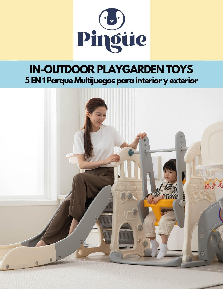 PINGÜE® In-Outdoors | Parque Multijuegos para interiores 5 en 1 | Resbaladilla, Columpio, Portería, Canasta y Pasamanos | Parque infantil interior y exterior| Juguetes para Niños | Fabricado con HDPE | Tamaño 205 x 190 x 97 cm