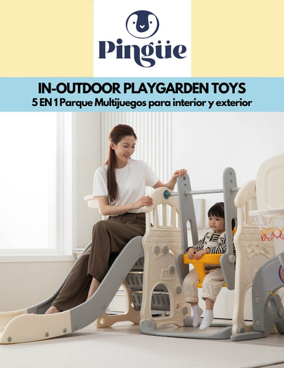 PINGÜE® In-Outdoors | Parque Multijuegos para interiores 5 en 1 | Resbaladilla, Columpio, Portería, Canasta y Pasamanos | Parque infantil interior y exterior| Juguetes para Niños | Fabricado con HDPE | Tamaño 205 x 190 x 97 cm