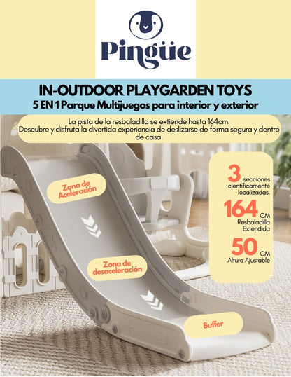 PINGÜE® In-Outdoors | Parque Multijuegos para interiores 5 en 1 | Resbaladilla, Columpio, Portería, Canasta y Pasamanos | Parque infantil interior y exterior| Juguetes para Niños | Fabricado con HDPE | Tamaño 205 x 190 x 97 cm