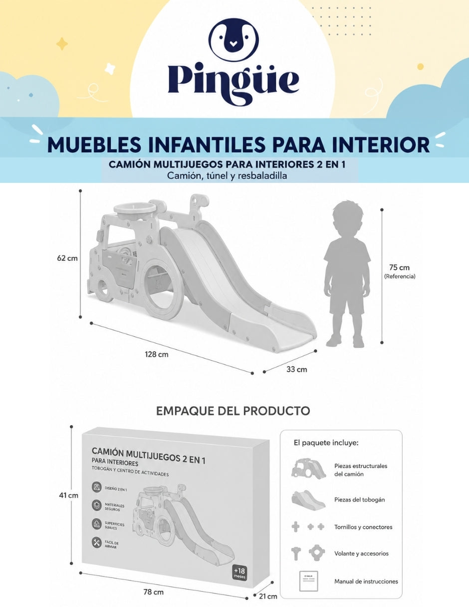 PINGÜE® Outdoors Camión Multijuegos con Túnel y Resbaladilla 202 cm
