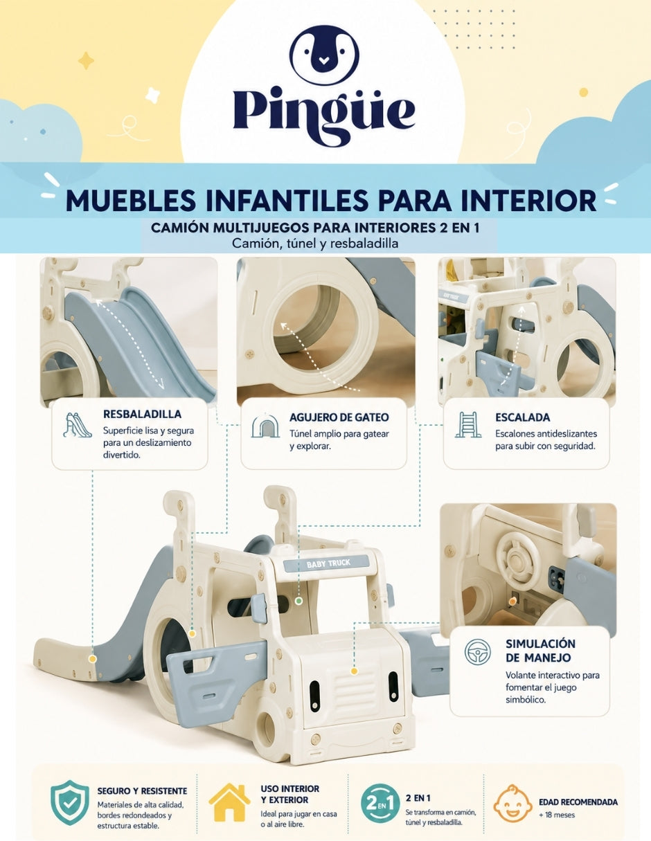 PINGÜE® Outdoors Camión Multijuegos con Túnel y Resbaladilla 202 cm
