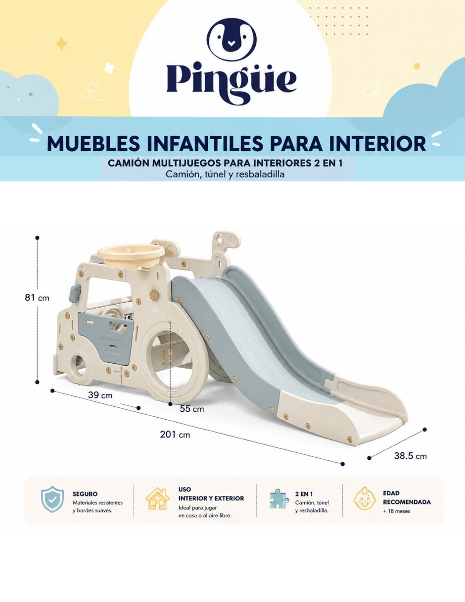 PINGÜE® Outdoors Camión Multijuegos con Túnel y Resbaladilla 202 cm