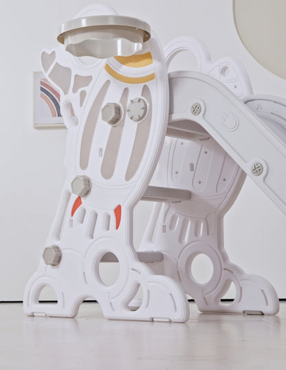 PINGÜE® In-Outdoors | Resbaladilla infantil para bebé | Tobogán Plegable para Niños Pequeños | 2 en 1 Resbaladilla y Canasta de Basquetbol | Modelo Cohete Espacial | Parque Infantil para interior y exterior | Tamaño 158 x 81 x 65 cm
