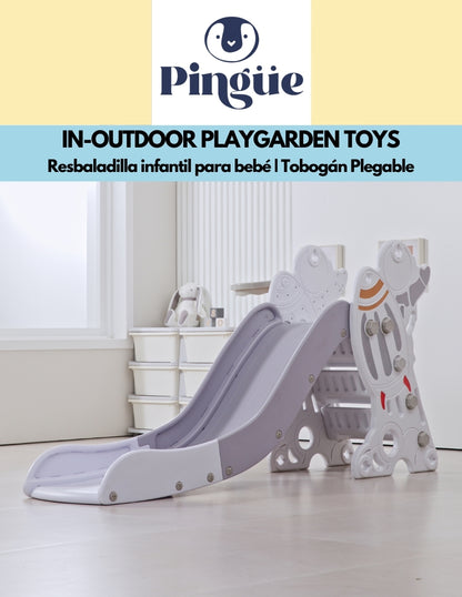 PINGÜE® In-Outdoors | Resbaladilla infantil para bebé | Tobogán Plegable para Niños Pequeños | 2 en 1 Resbaladilla y Canasta de Basquetbol | Modelo Cohete Espacial | Parque Infantil para interior y exterior | Tamaño 158 x 81 x 65 cm