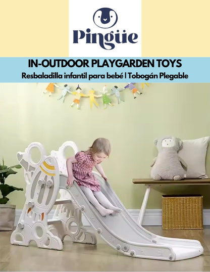 PINGÜE® In-Outdoors | Resbaladilla infantil para bebé | Tobogán Plegable para Niños Pequeños | 2 en 1 Resbaladilla y Canasta de Basquetbol | Modelo Cohete Espacial | Parque Infantil para interior y exterior | Tamaño 158 x 81 x 65 cm