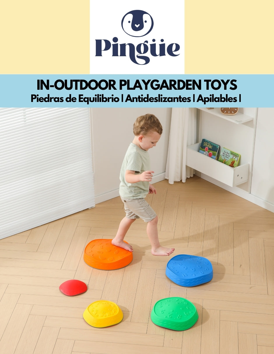 PINGÜE® In-Outdoors| Paquete 5 piezas de Piedra de Equilibrio Antideslizante | Plástico Antideslizante | Peldaños de Equilibrio | Juegos de Coordinación Juguetes Sensoriales | El piso es lava