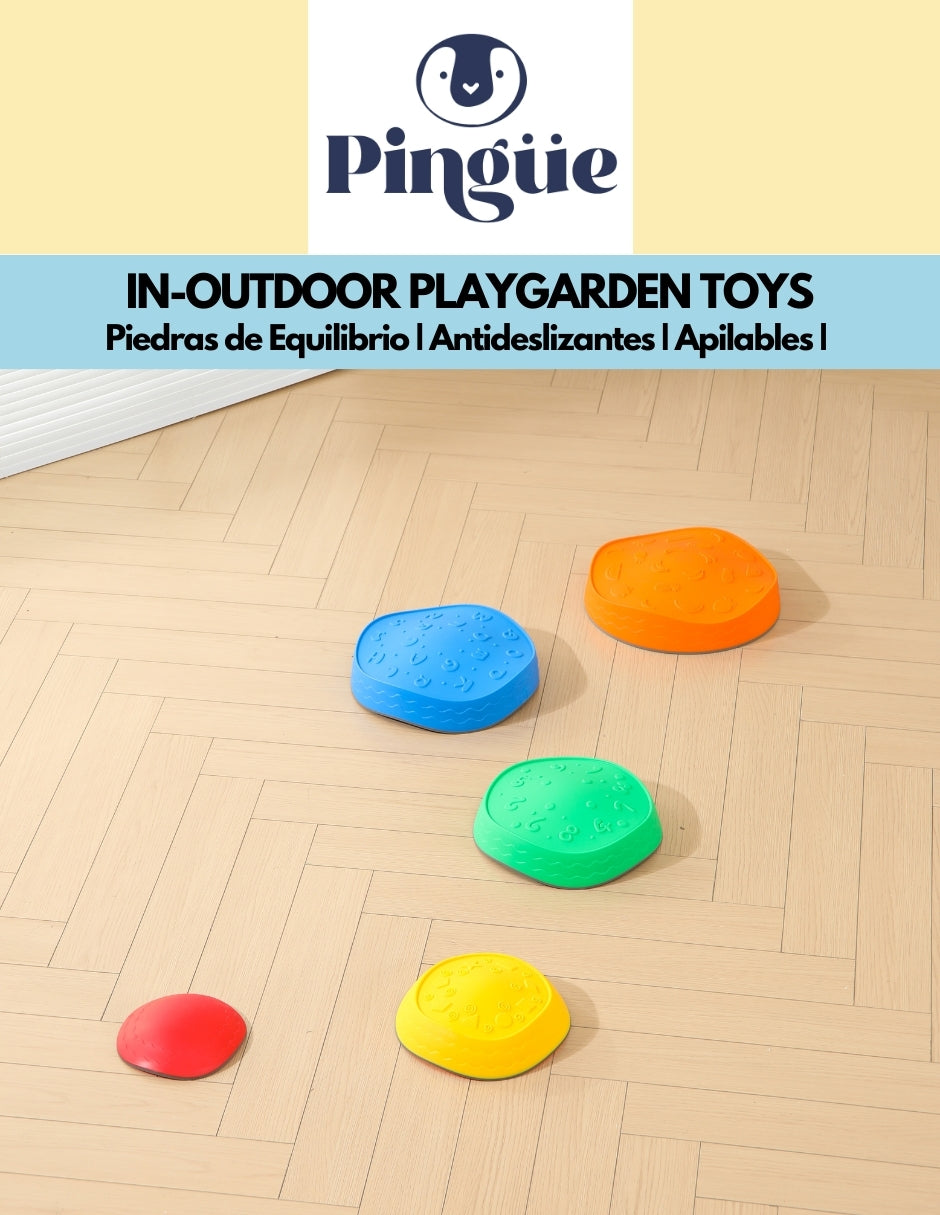 PINGÜE® In-Outdoors| Paquete 5 piezas de Piedra de Equilibrio Antideslizante | Plástico Antideslizante | Peldaños de Equilibrio | Juegos de Coordinación Juguetes Sensoriales | El piso es lava