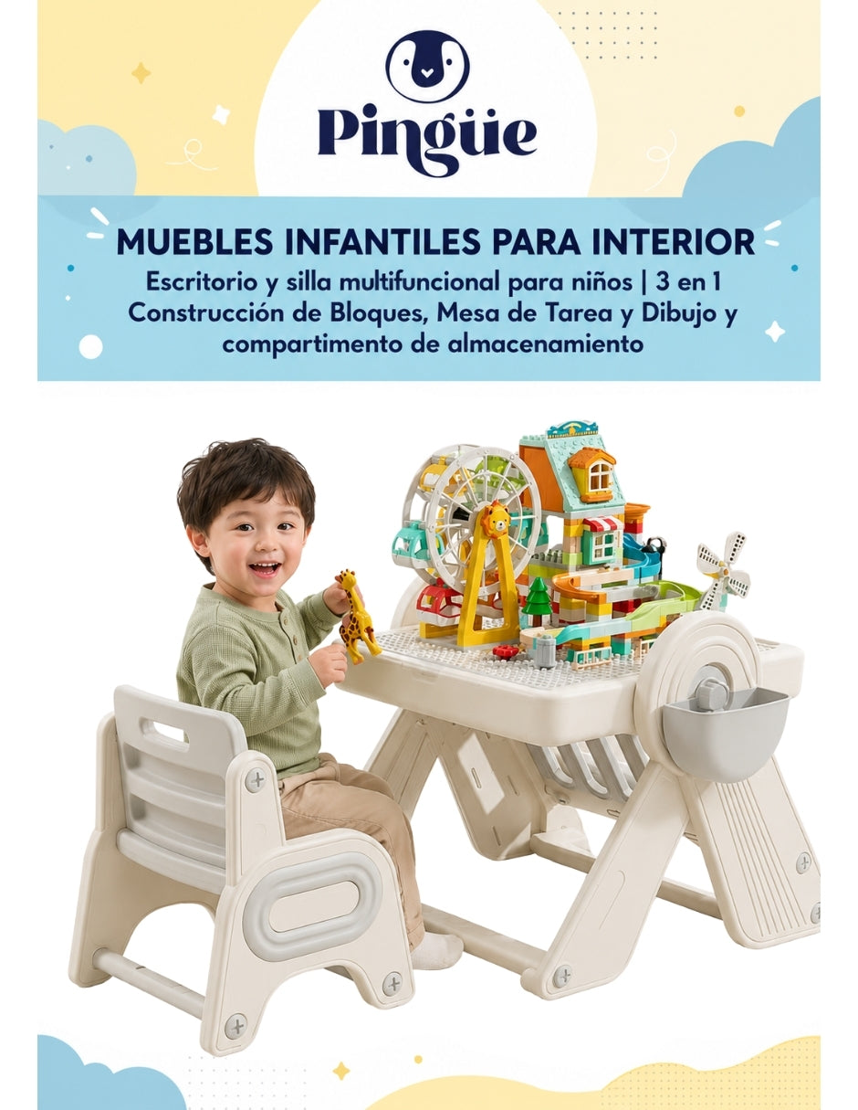 PINGÜE® Escritorio y Silla Infantil 3 en 1 con Mesa para Bloques y Almacenamiento