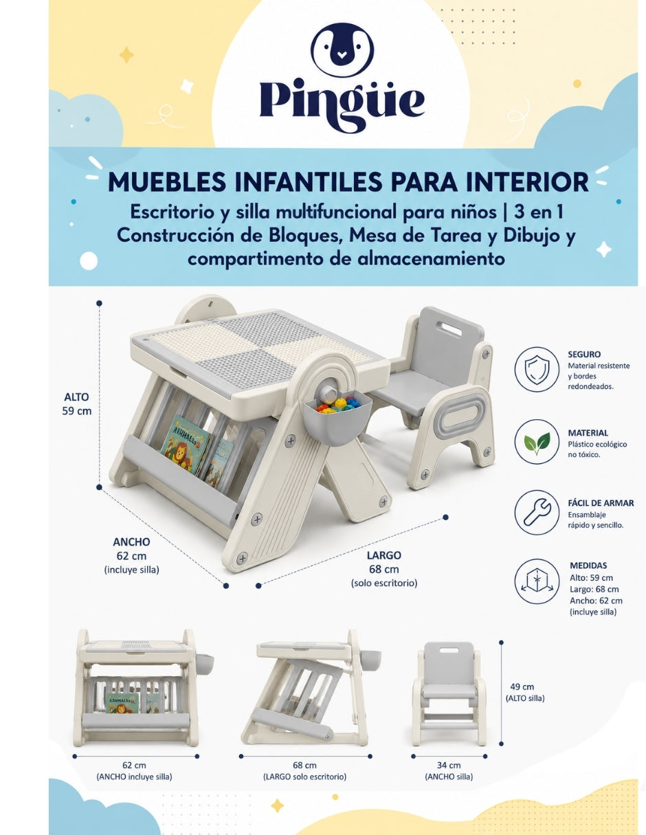 PINGÜE® Escritorio y Silla Infantil 3 en 1 con Mesa para Bloques y Almacenamiento