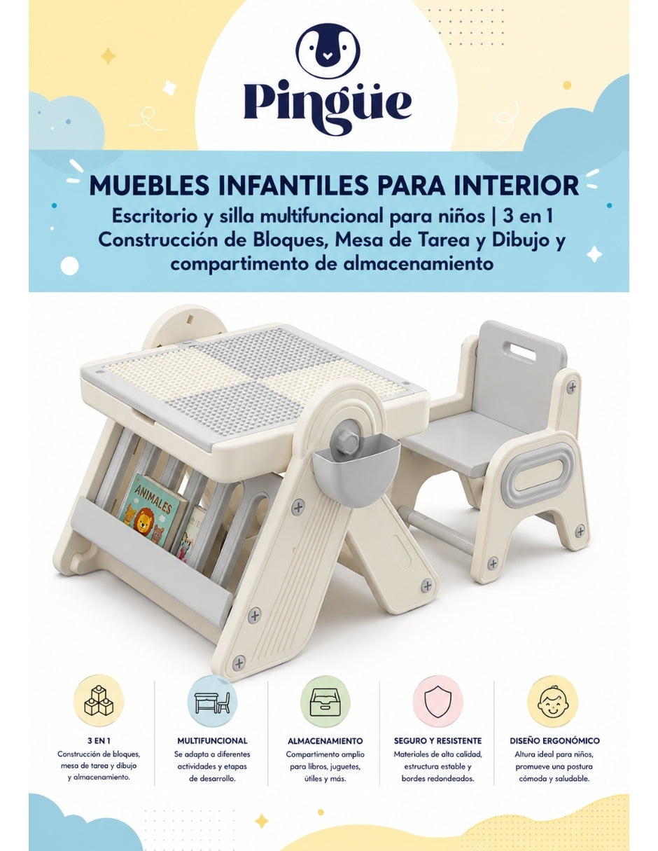 PINGÜE® Escritorio y Silla Infantil 3 en 1 con Mesa para Bloques y Almacenamiento