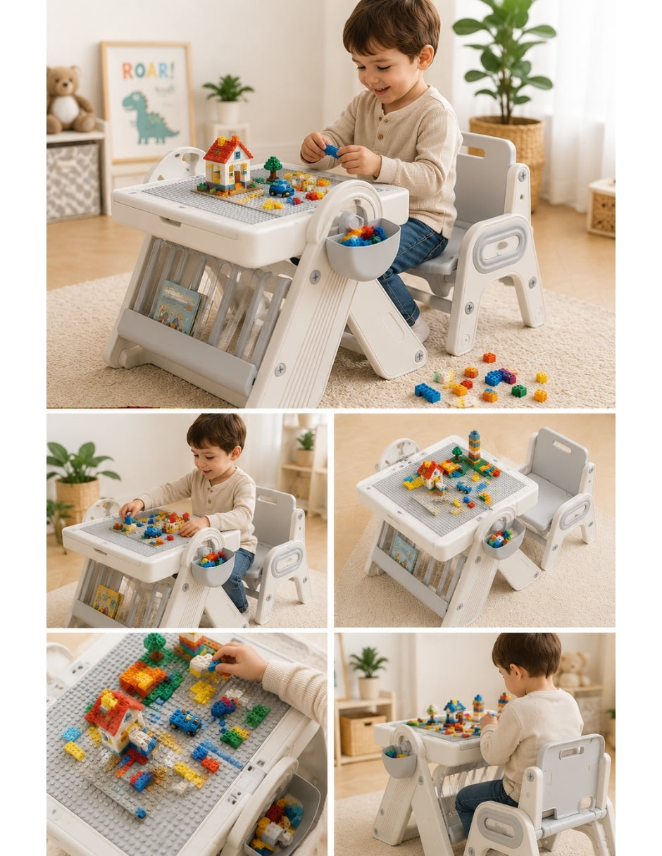 PINGÜE® Escritorio y Silla Infantil 3 en 1 con Mesa para Bloques y Almacenamiento