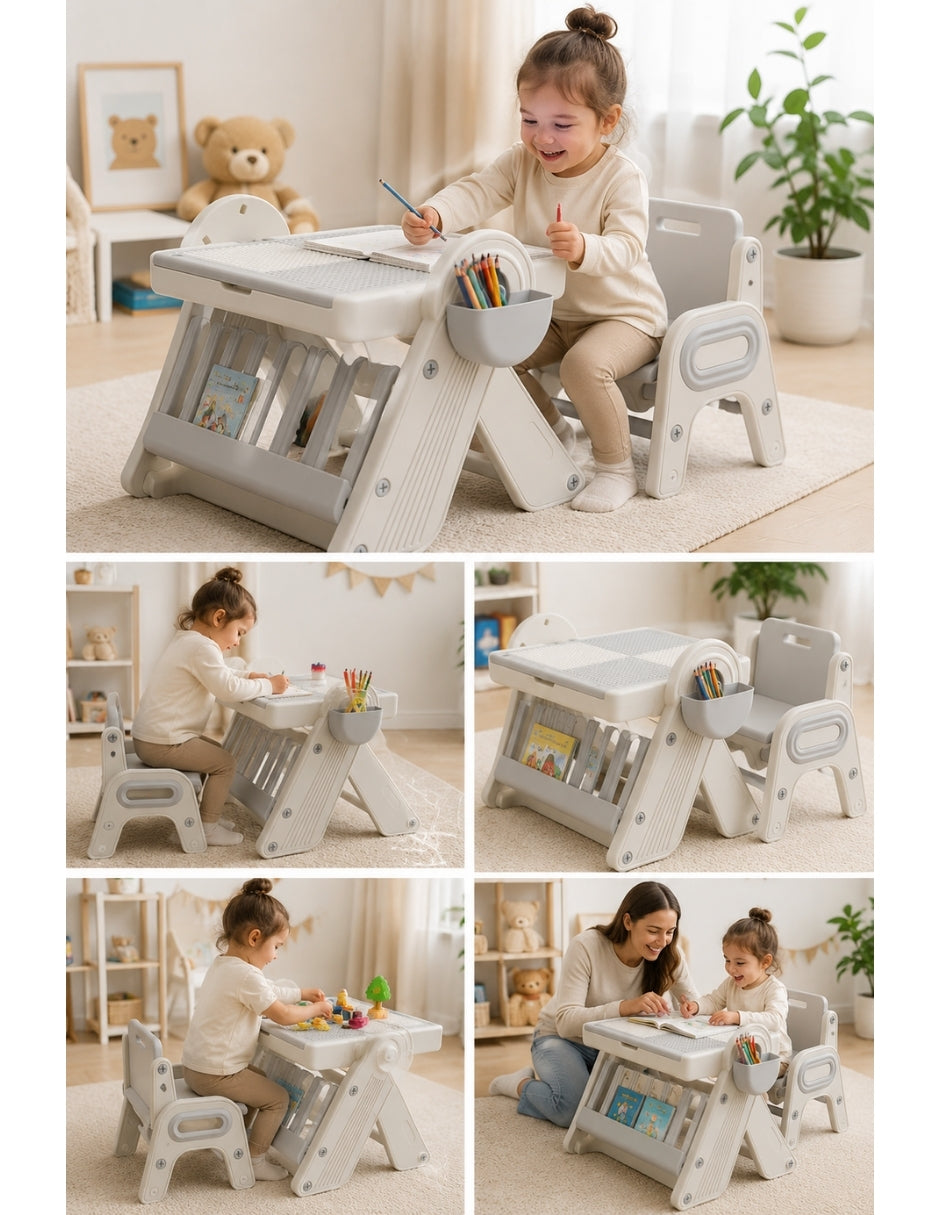 PINGÜE® Escritorio y Silla Infantil 3 en 1 con Mesa para Bloques y Almacenamiento