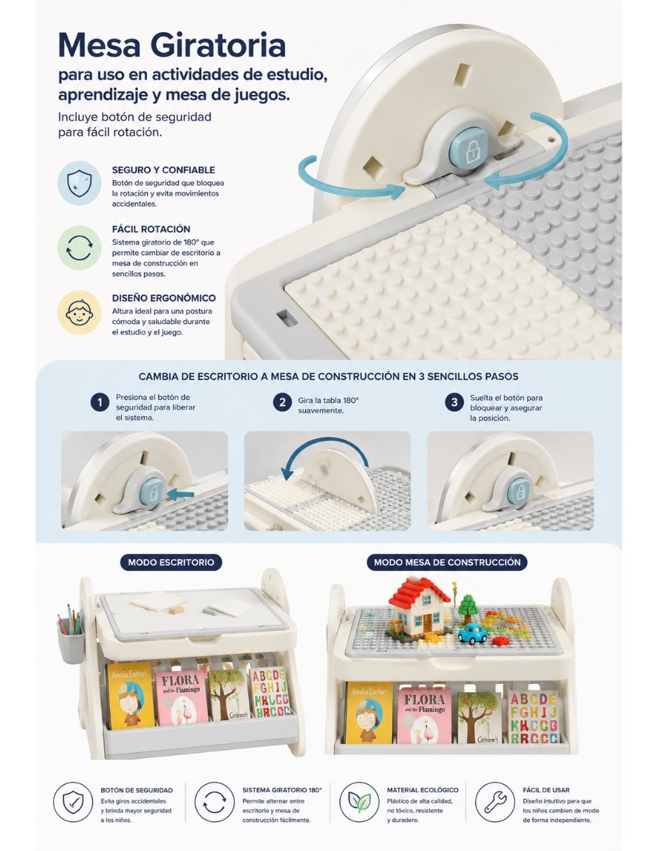 PINGÜE® Escritorio y Silla Infantil 3 en 1 con Mesa para Bloques y Almacenamiento