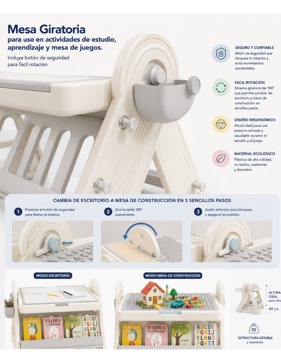 PINGÜE® Escritorio y Silla Infantil 3 en 1 con Mesa para Bloques y Almacenamiento