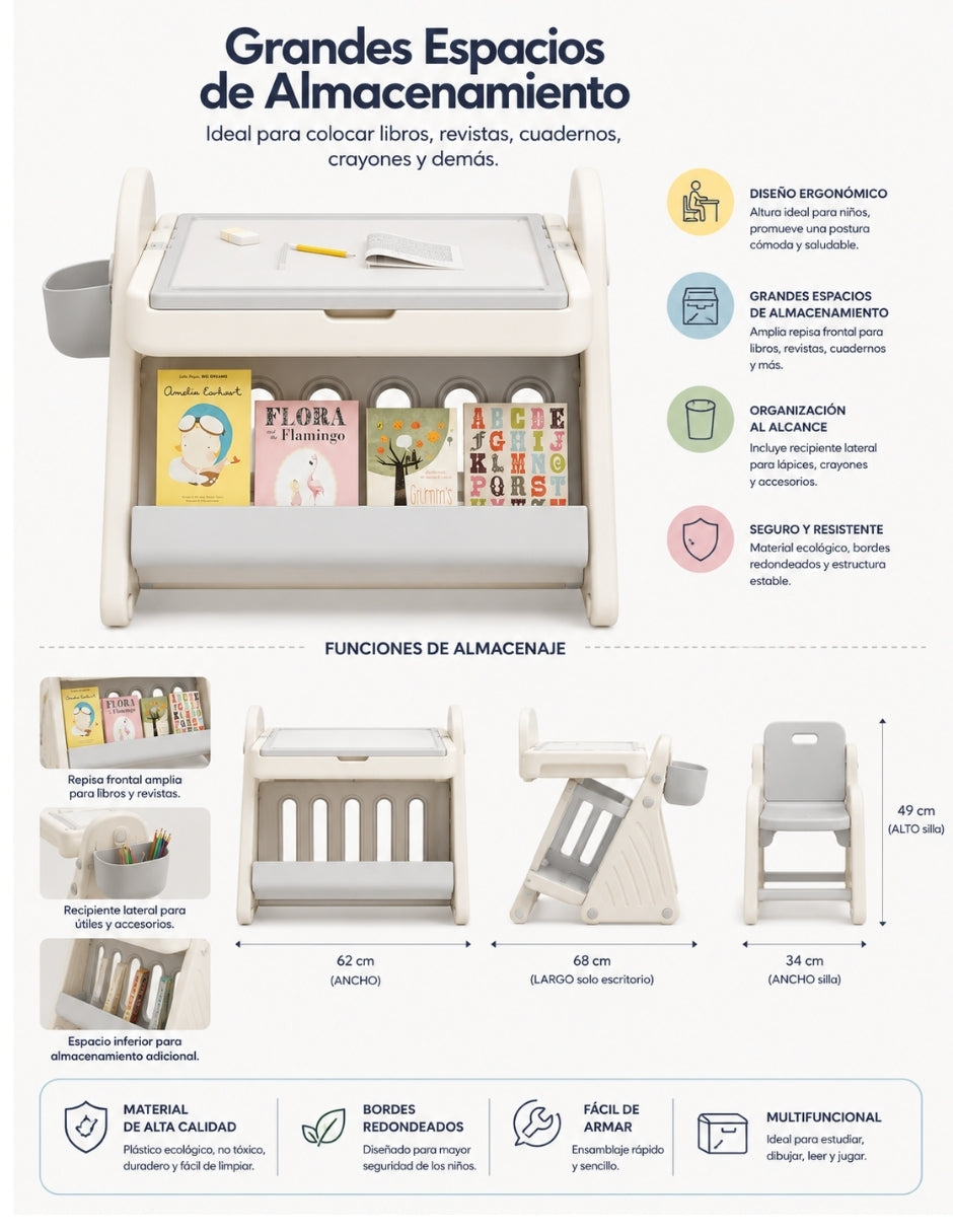 PINGÜE® Escritorio y Silla Infantil 3 en 1 con Mesa para Bloques y Almacenamiento