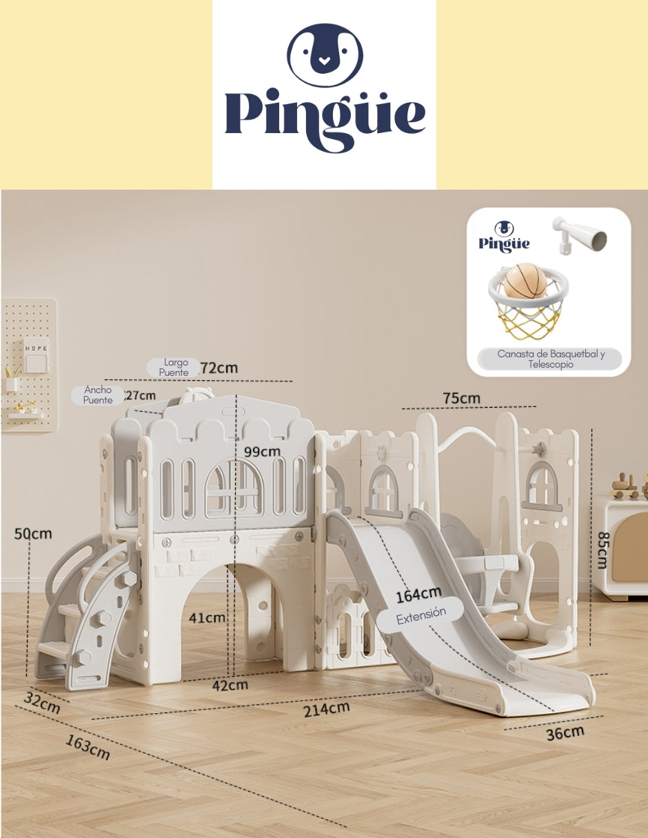 PINGÜE® Outdoors | Parque Multijuegos para interiores 5 en 1 | Resbaladilla, Columpio, Túnel, Escalera y Puente | Parque infantil interior y exterior | Juguetes para Niños | Fabricado con HDPE | Tamaño 250 x 150 x 96 cm