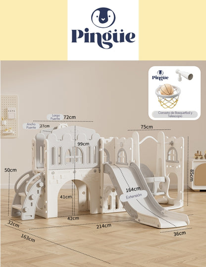 PINGÜE® Outdoors | Parque Multijuegos para interiores 5 en 1 | Resbaladilla, Columpio, Túnel, Escalera y Puente | Parque infantil interior y exterior | Juguetes para Niños | Fabricado con HDPE | Tamaño 250 x 150 x 96 cm