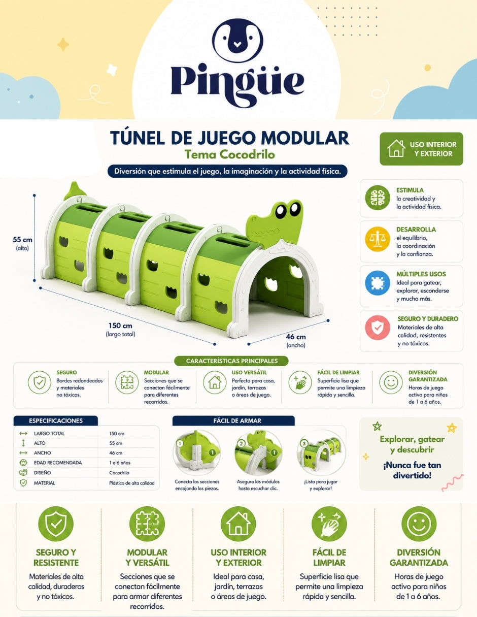 PINGÜE® In-Outdoors | Túnel de juego de para niños modulable de 1.50Mts | Escalada y Arrastre | Interior y exterior | 3 Secciones multicolor | Fabricado con HDPE | Tamaño 150 x 56 x 92 cm