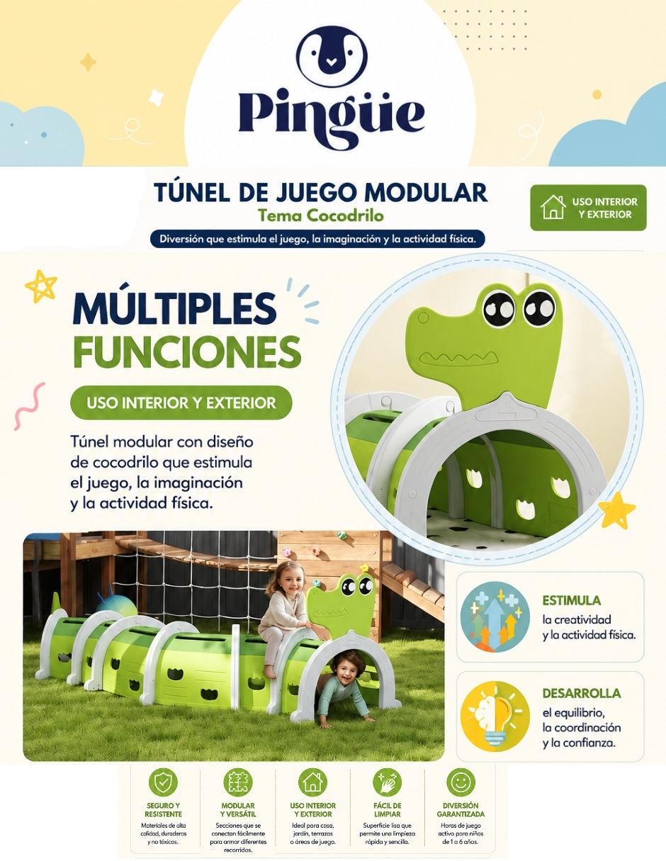 PINGÜE® In-Outdoors | Túnel de juego de para niños modulable de 1.50Mts | Escalada y Arrastre | Interior y exterior | 3 Secciones multicolor | Fabricado con HDPE | Tamaño 150 x 56 x 92 cm