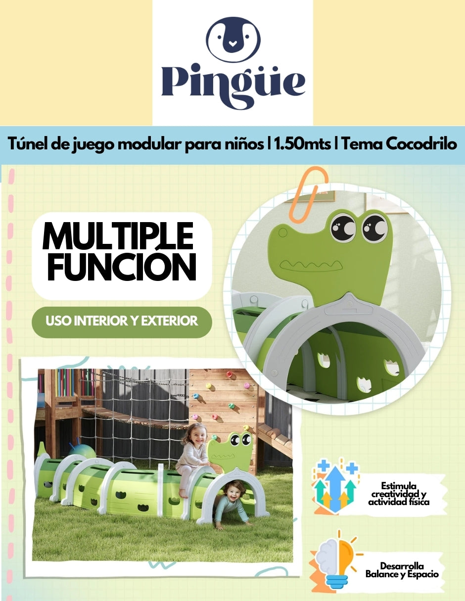 PINGÜE® In-Outdoors | Túnel de juego de para niños modulable de 1.50Mts | Escalada y Arrastre | Interior y exterior | 3 Secciones multicolor | Fabricado con HDPE | Tamaño 150 x 56 x 92 cm