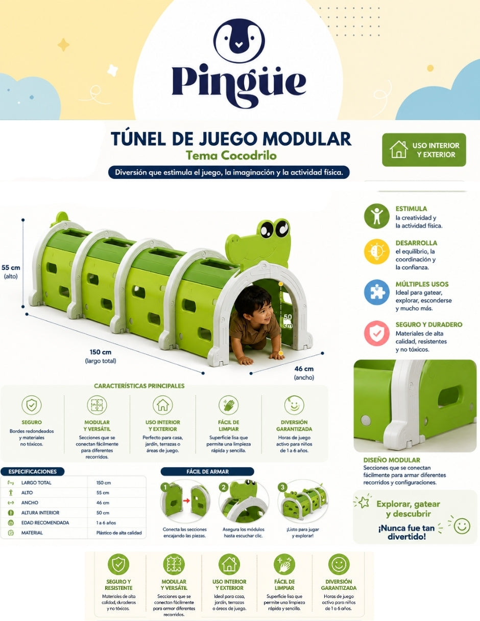 PINGÜE® In-Outdoors | Túnel de juego de para niños modulable de 1.50Mts | Escalada y Arrastre | Interior y exterior | 3 Secciones multicolor | Fabricado con HDPE | Tamaño 150 x 56 x 92 cm