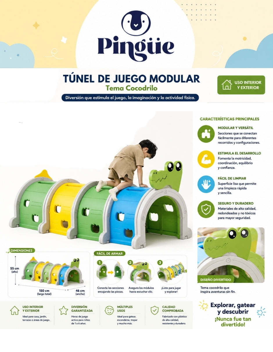 PINGÜE® In-Outdoors | Túnel de juego de para niños modulable de 1.50Mts | Escalada y Arrastre | Interior y exterior | 3 Secciones multicolor | Fabricado con HDPE | Tamaño 150 x 56 x 92 cm