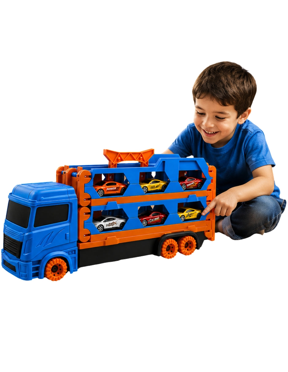 PINGÜE® City & Speed Tráiler Transportador 1:64 para 12 Autos con Pista, Azul
