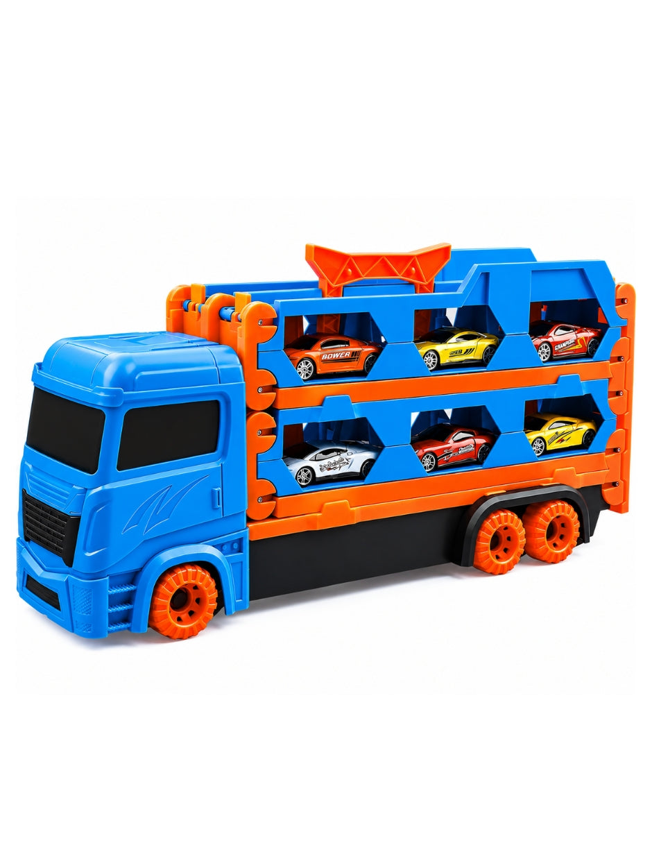 PINGÜE® City & Speed Tráiler Transportador 1:64 para 12 Autos con Pista, Azul
