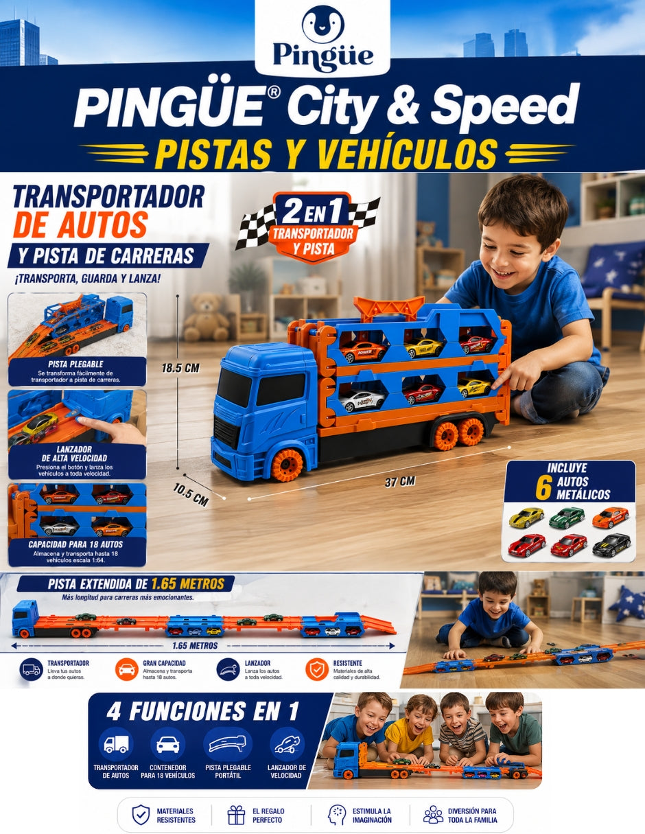 PINGÜE® City & Speed Tráiler Transportador 1:64 para 12 Autos con Pista, Azul