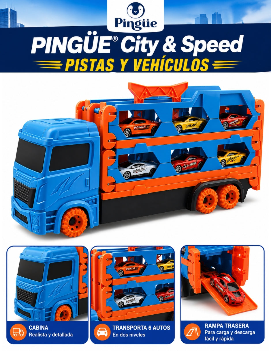 PINGÜE® City & Speed Tráiler Transportador 1:64 para 12 Autos con Pista, Azul