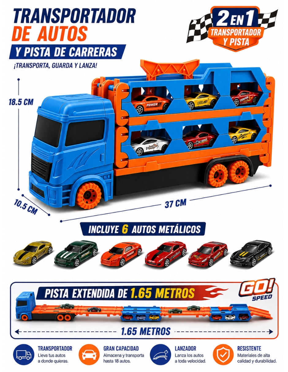 PINGÜE® City & Speed Tráiler Transportador 1:64 para 12 Autos con Pista, Azul