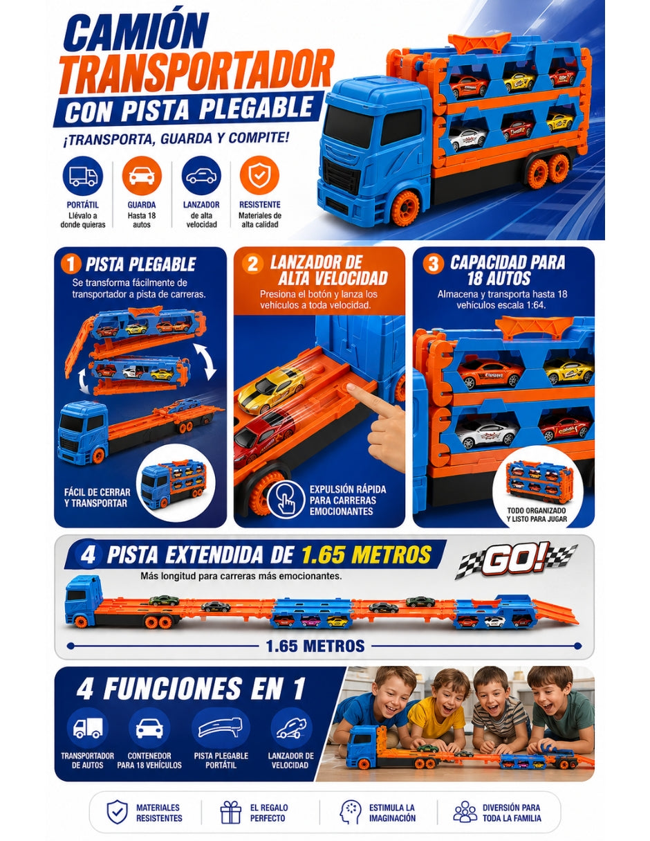 PINGÜE® City & Speed Tráiler Transportador 1:64 para 12 Autos con Pista, Azul