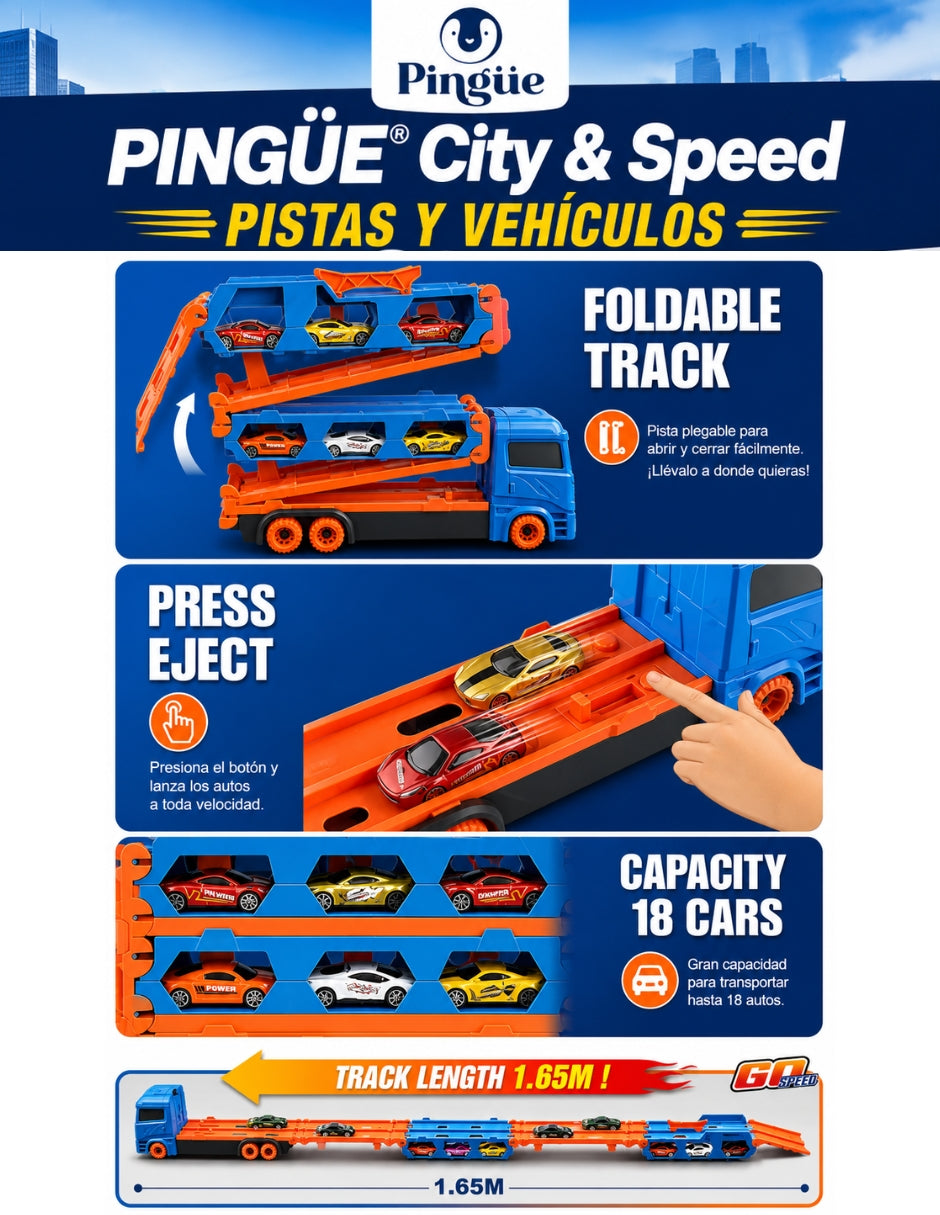 PINGÜE® City & Speed Tráiler Transportador 1:64 para 12 Autos con Pista, Azul