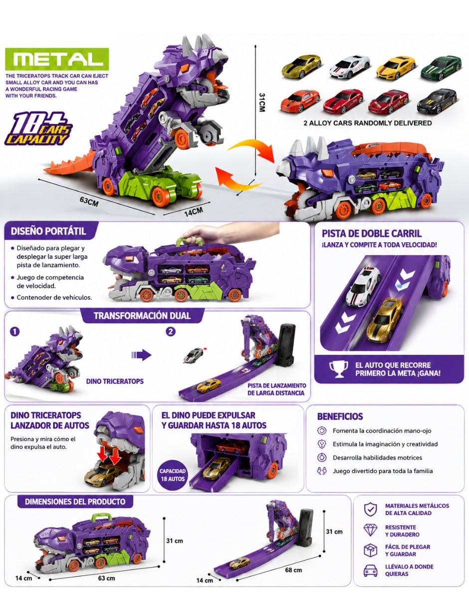 PINGÜE® City & Speed Dino Track 1:64 con Transporte y Almacenamiento MORADO