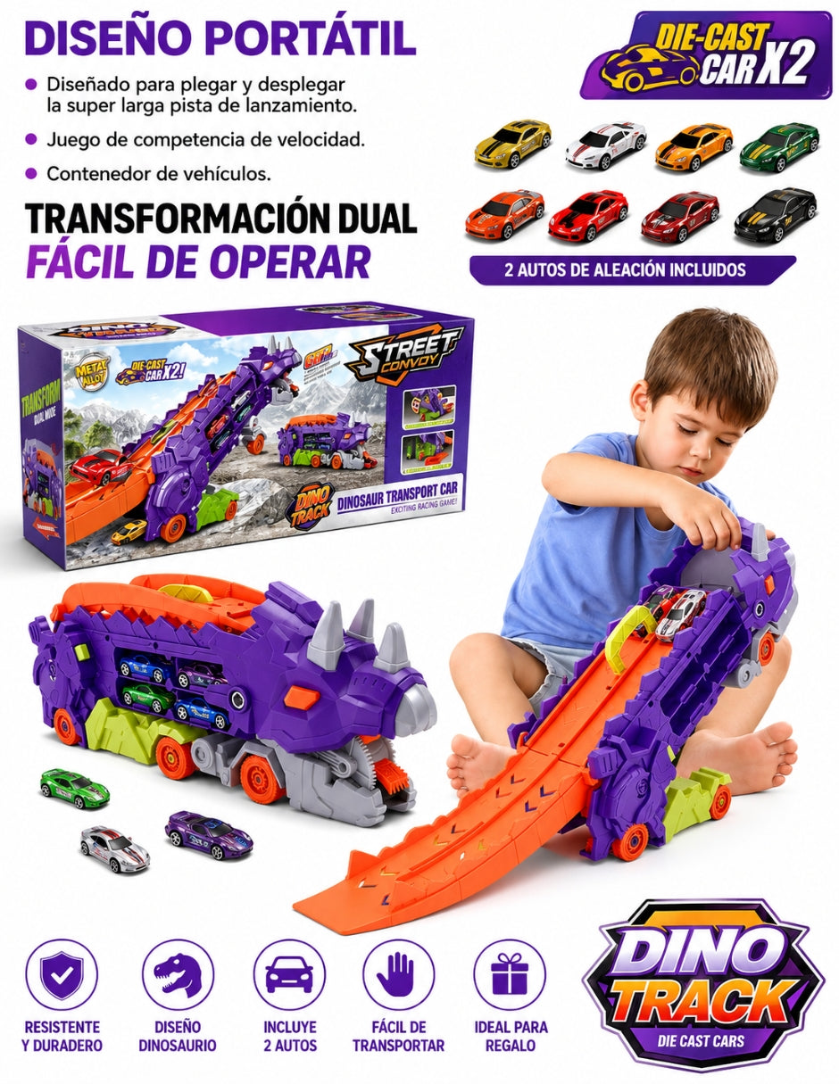 PINGÜE® City & Speed Dino Track 1:64 con Transporte y Almacenamiento MORADO