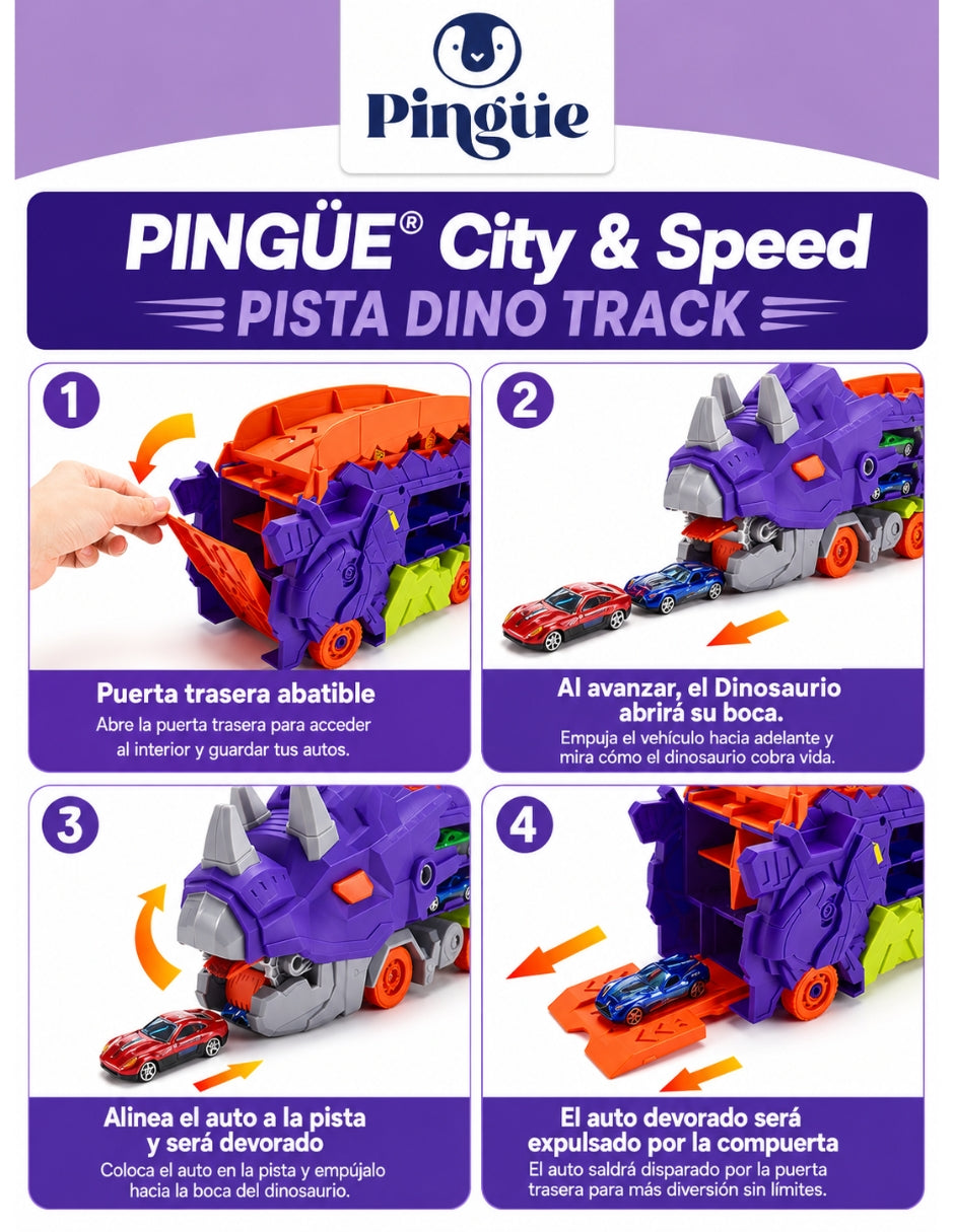 PINGÜE® City & Speed Dino Track 1:64 con Transporte y Almacenamiento MORADO