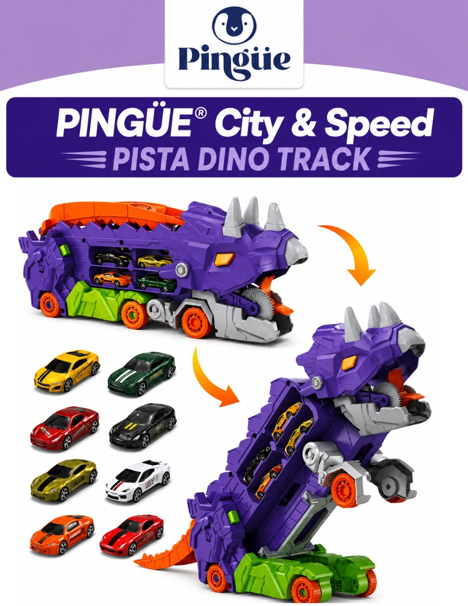 PINGÜE® City & Speed Dino Track 1:64 con Transporte y Almacenamiento MORADO