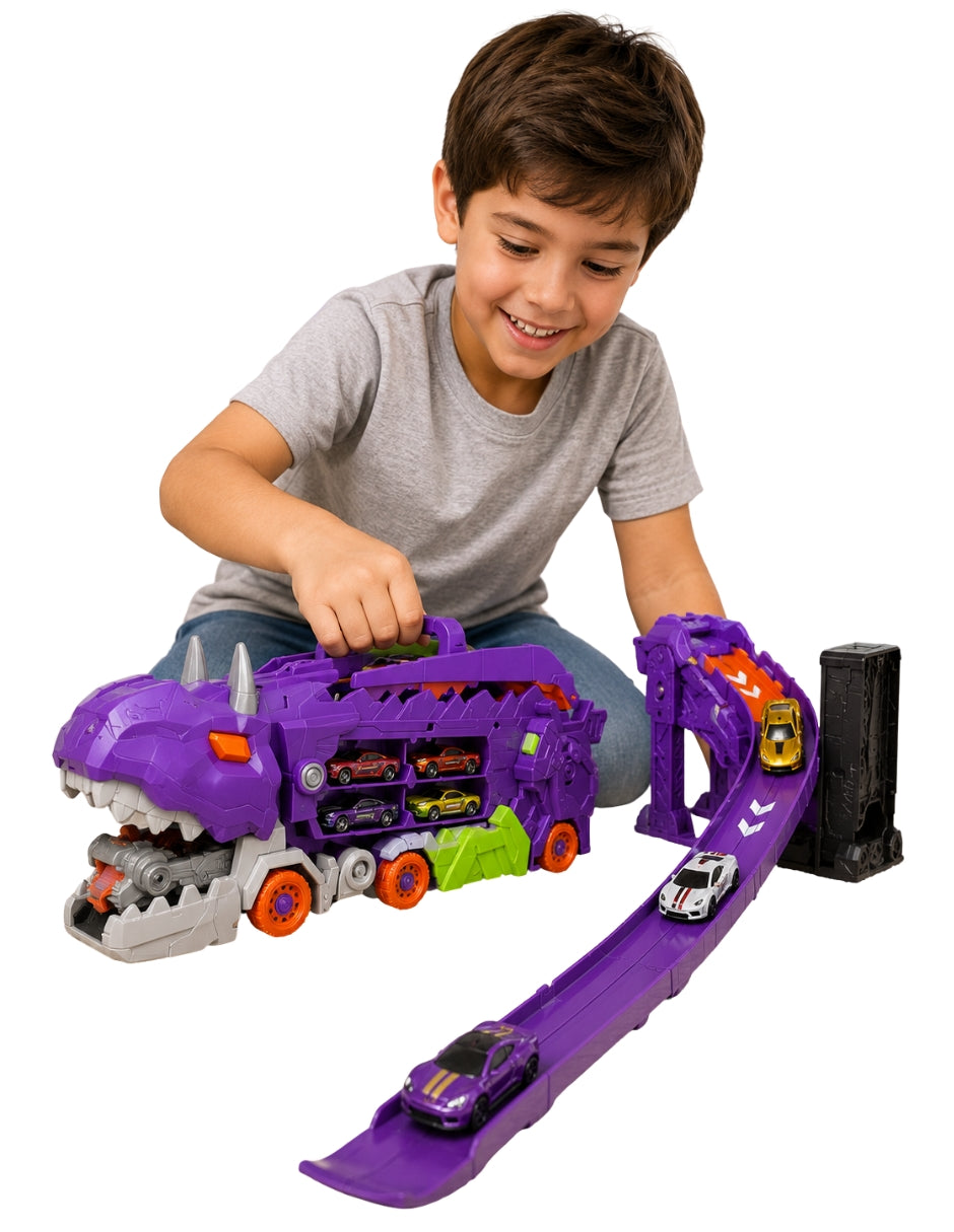 PINGÜE® City & Speed Dino Track 1:64 con Transporte y Almacenamiento MORADO