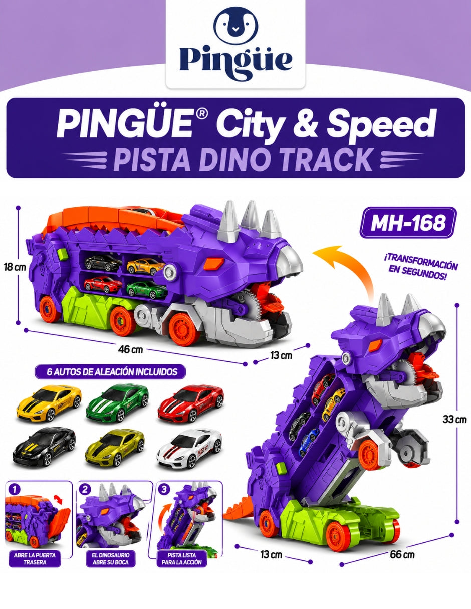 PINGÜE® City & Speed Dino Track 1:64 con Transporte y Almacenamiento MORADO
