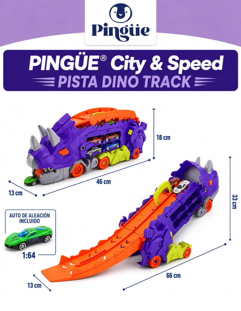 PINGÜE® City & Speed Dino Track 1:64 con Transporte y Almacenamiento MORADO