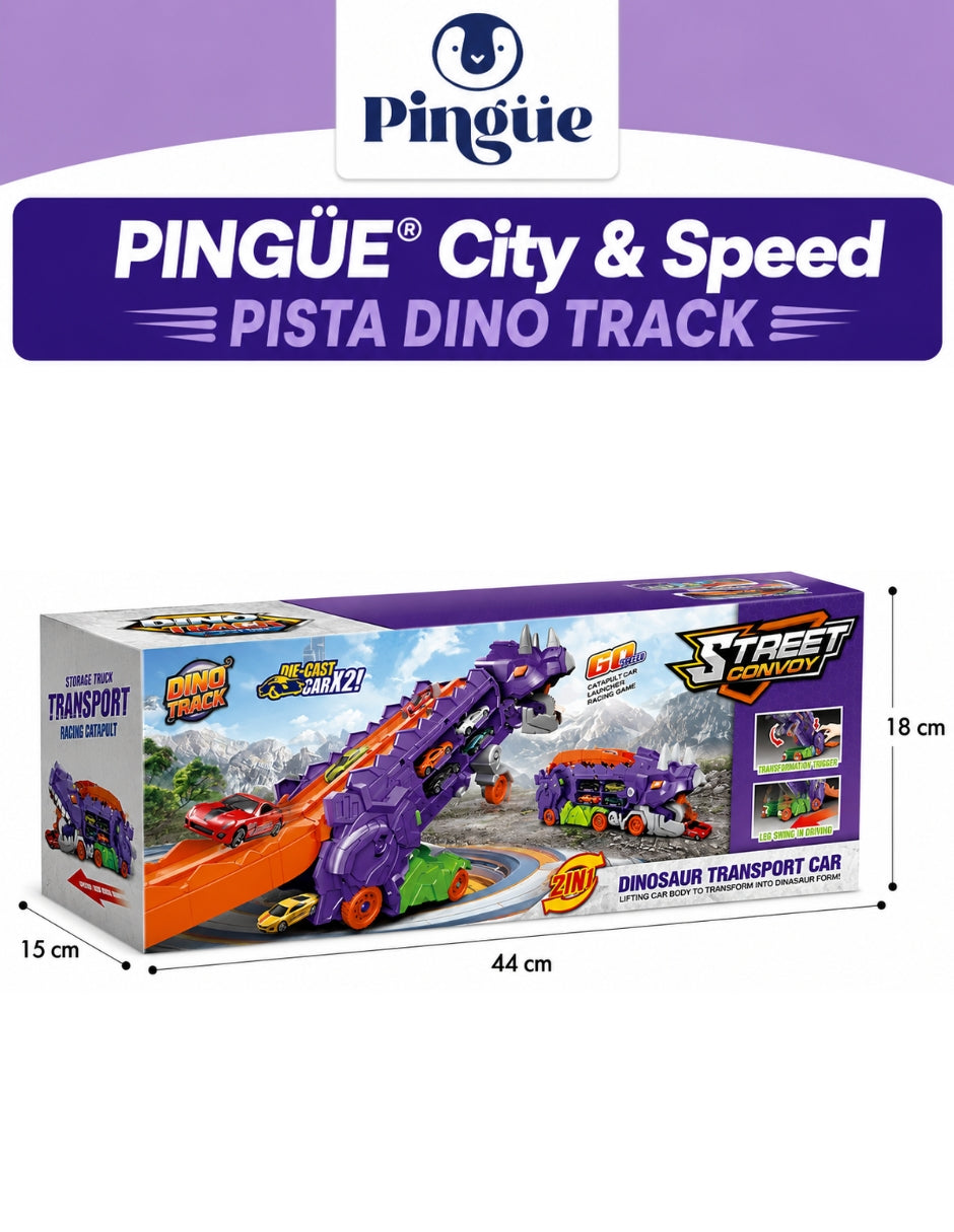 PINGÜE® City & Speed Dino Track 1:64 con Transporte y Almacenamiento MORADO