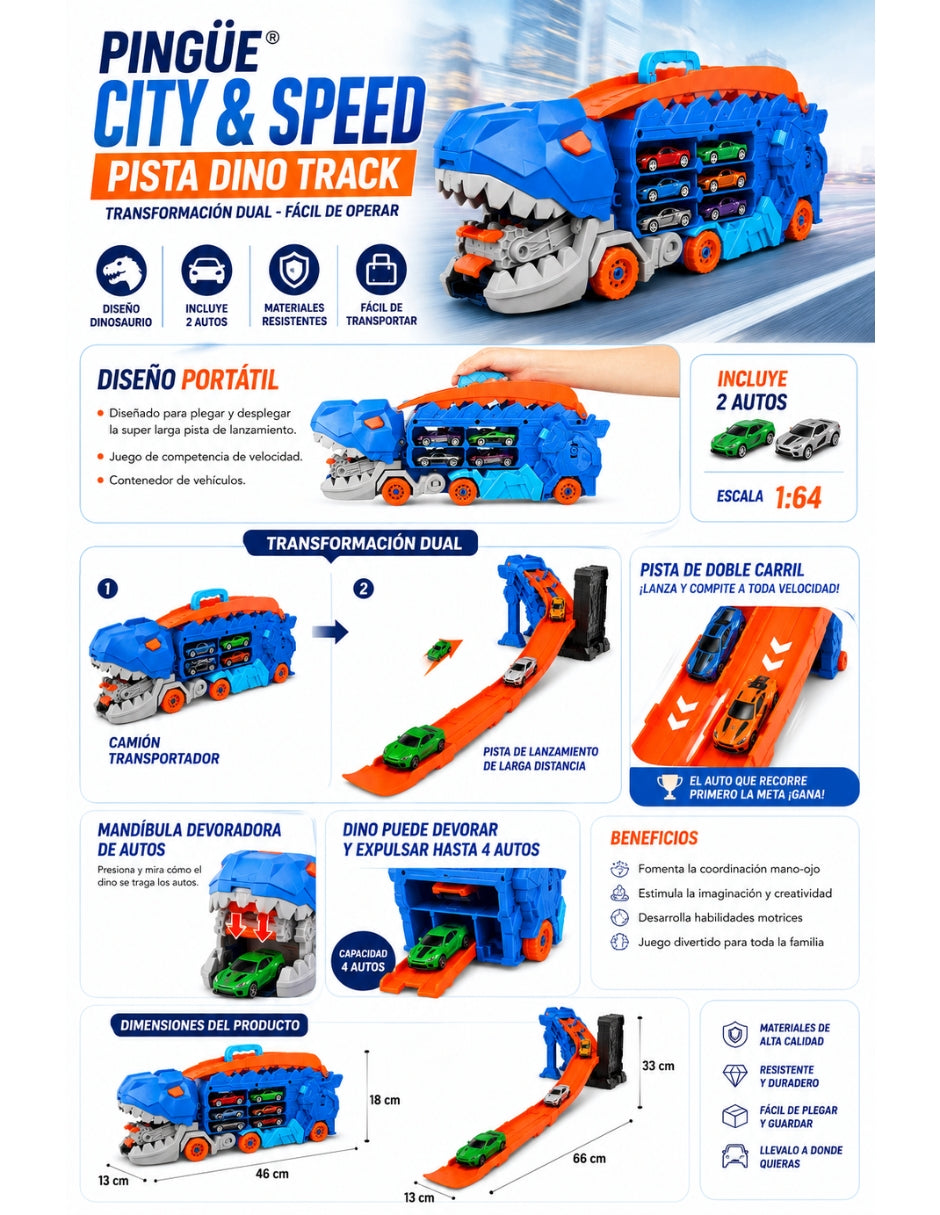 PINGÜE® City & Speed Dino Track 1:64 con Transporte y Almacenamiento, Azul