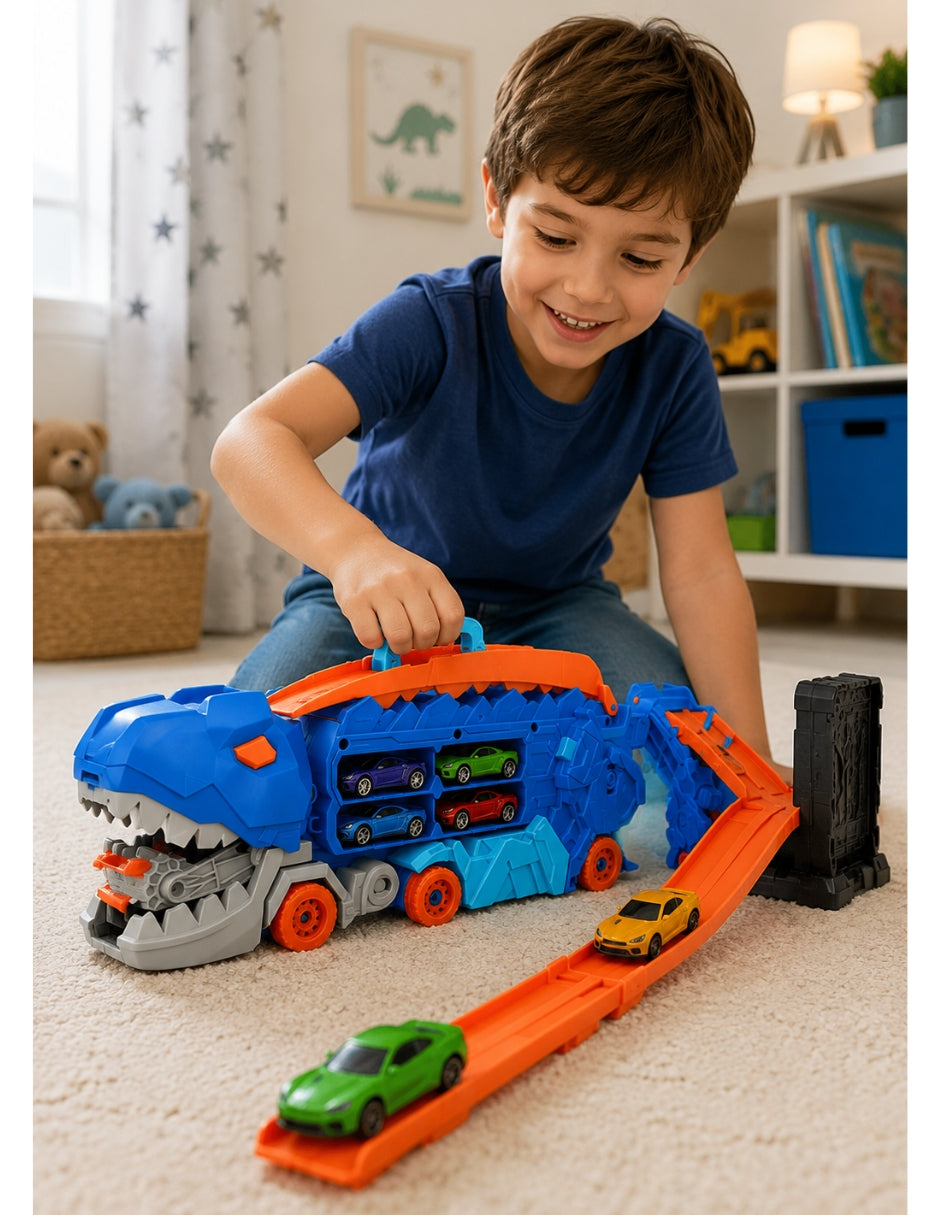 PINGÜE® City & Speed Dino Track 1:64 con Transporte y Almacenamiento, Azul